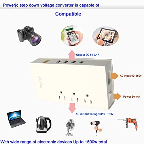 Powerjc Step Down Power Adapter Voltage Converter 220V to 110V 1500w with Smart 4 Port USB Charging