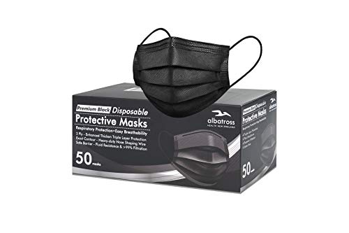 Disposable 3 ply Face Masks Pack of 50 pcs/box, Albatross Health 3ply Premium Black Procedure Earloop Face Mask, Safety Mask Filter for Protection, Mouth and Nose Cover for Adults