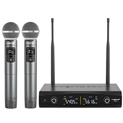 Phenyx Pro Wireless Microphone System, Metal Wireless Mic Set with Case,Handheld Cordless Dynamic Microphones for Singing, Karaoke, Church, DJ, 2x30 UHF Adjustable Frequencies,200ft Range (PTU-52-2H)