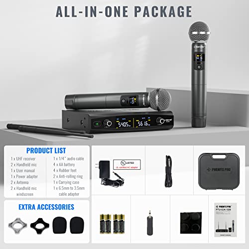 Phenyx Pro Wireless Microphone System, Metal Wireless Mic Set with Case,Handheld Cordless Dynamic Microphones for Singing, Karaoke, Church, DJ, 2x30 UHF Adjustable Frequencies,200ft Range (PTU-52-2H)