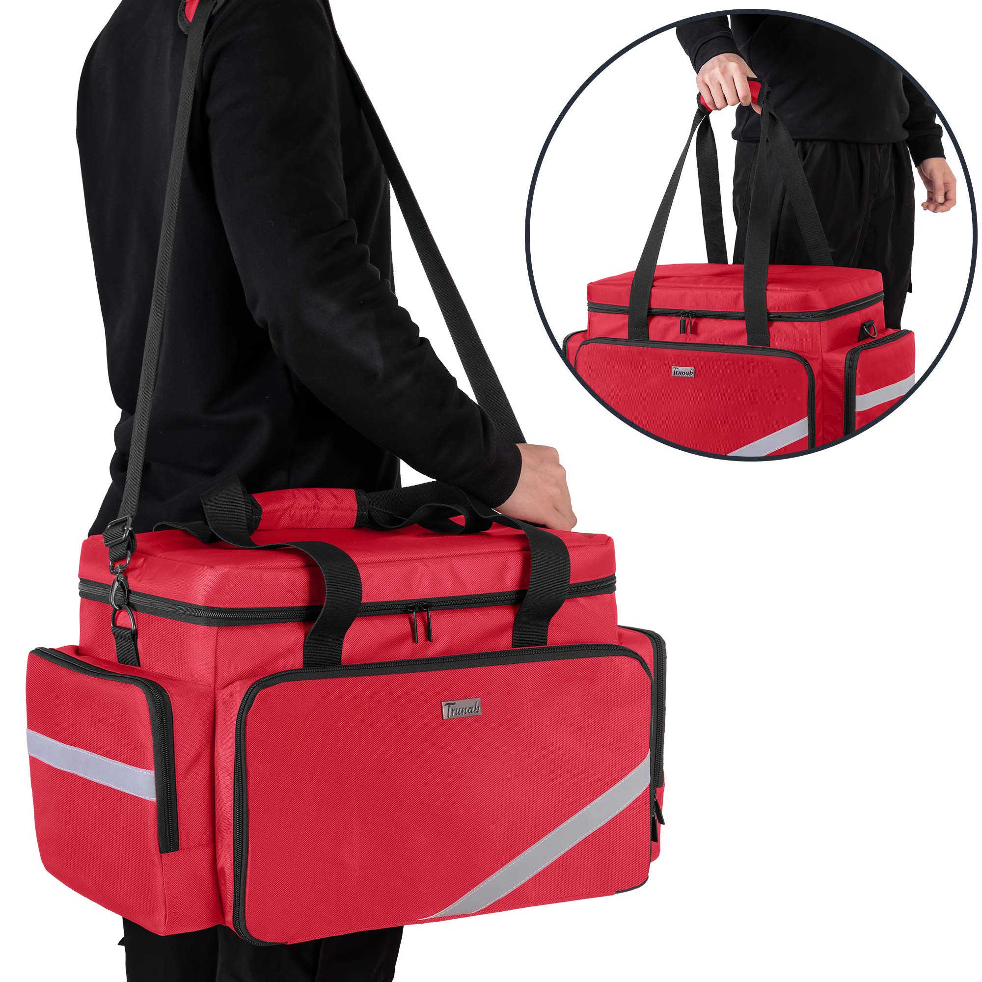 Trunab First Aid Bag Empty, Professional Medical Bag Emergency Responder Trauma Bag with Inner Dividers and Anti-Slip Bottom, Ideal for EMT, EMS, Paramedics, Red - Patented Design, Bag Only