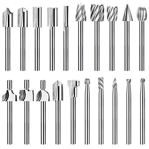 20Pc HSS Router Carbide Engraving Bits and Router Bit Set with 1/8"(3mm) Shank for Power Rotary Tools Accessories for DIY Woodworking, Carving, Engraving, Drilling, Sculpting