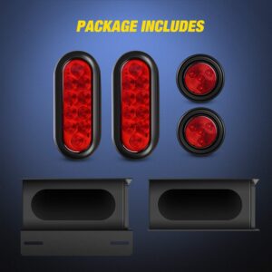 Nilight - TL-34 2PCS Steel Trailer Light Boxes Housing Kit w/6Inch Oval Red LED Tail Lights 2 Inch Round Side Marker w/Grommet Plugs Wire connectors, Years Warranty