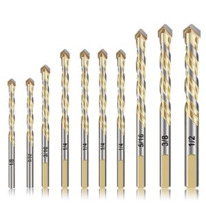 10 pieces masonry drill bits set glass drilling bits for ceramic tile wood porcelain mirror plastic marble wall with strength carbide tips in sizes-1/8, 5/32, 3/16, 1/4, 5/16, 3/8, 1/2 inch, gold