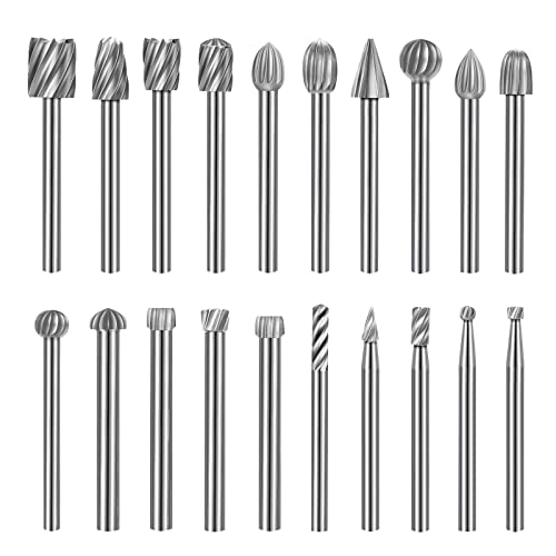 20PCS HSS Rotary Burr Set, Carving Bits and Engraving Router Bit Set for Rotary Tool Accessories with 1/8"(3mm) Shank for Woodworking, Engraving, Drilling,Grooving