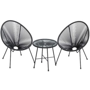 songmics 3-piece seating acapulco, modern patio furniture, glass top table and 2 chairs indoor and outdoor conversation bistro set, black