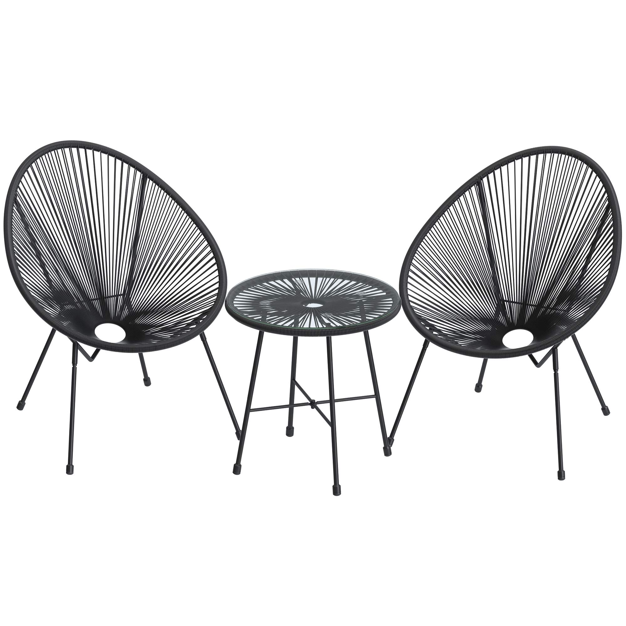 SONGMICS 3-Piece Seating Acapulco, Modern Patio Furniture, Glass Top Table and 2 Chairs Indoor and Outdoor Conversation Bistro Set, Black