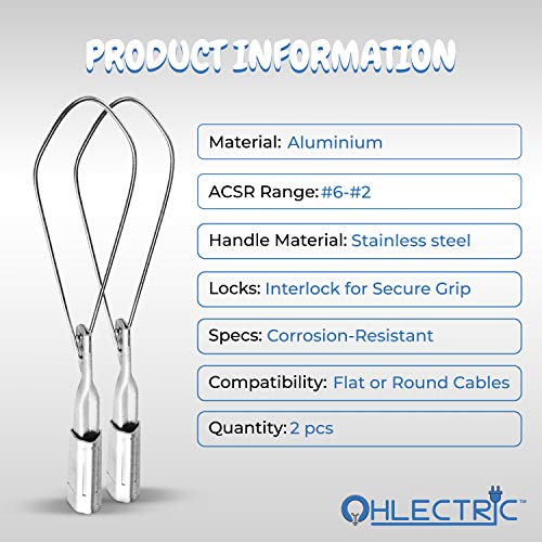 OhLectric Range 6-2 Aluminium Wedge Clamps - Stainless Steel Ball Handle - Loop With Lock - Reduces Sagging Of Overhead Aerial Cables - Corrosion Resistant Cable Clamps (Pack of 2) - OL-40649