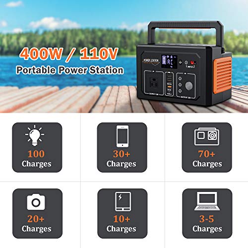 Portable Power Station 400Wh Outdoor Solar Generator Mobile Lithium Battery Pack with 110V/400W AC Outlet, LED Light for Road Trip Camping, Outdoor Adventure