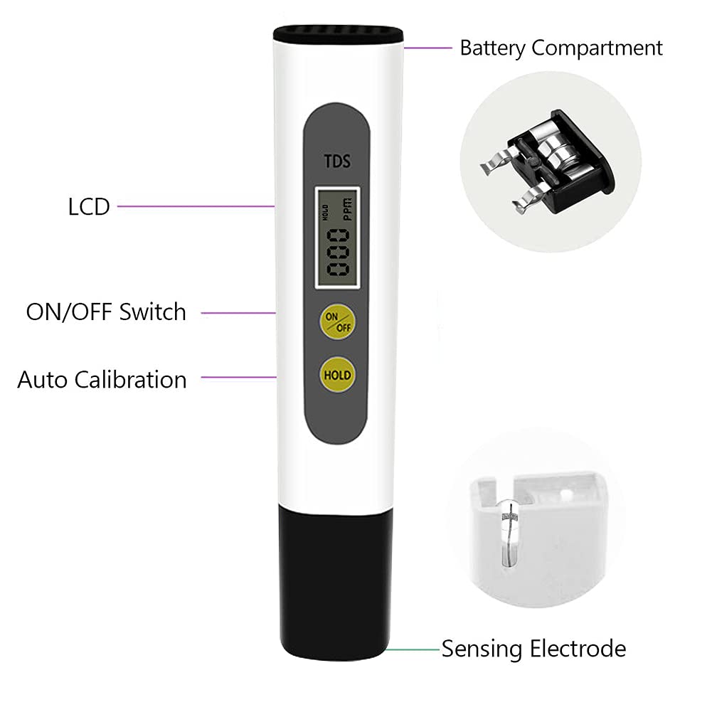 TDS Tester, Water Quality Meter LCD Pen with 0-9990 PPM Measurement Range Portable for The aquaculture Industry Hospitals, Swimming Pools, Household tap Water Quality Testing