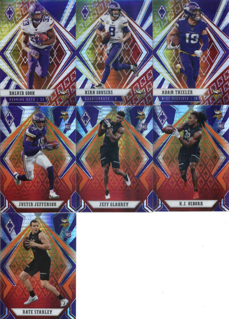 2020 Phoenix Fire Burst Minnesota Vikings Team Set of 7 Cards: Dalvin Cook(#70), Kirk Cousins(#71), Adam Thielen(#72), Justin Jefferson(#111), Jeff Gladney(#155), K.J. Osborn(#180), Nate Stanley(#189)