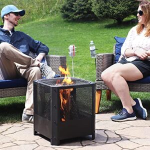 Sunnydaze Grelha 16-Inch Square Steel Fire Pit with Grilling Grate - Black Finish