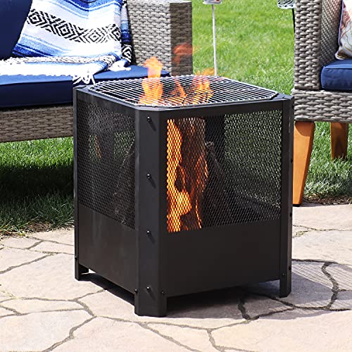 Sunnydaze Grelha 16-Inch Square Steel Fire Pit with Grilling Grate - Black Finish