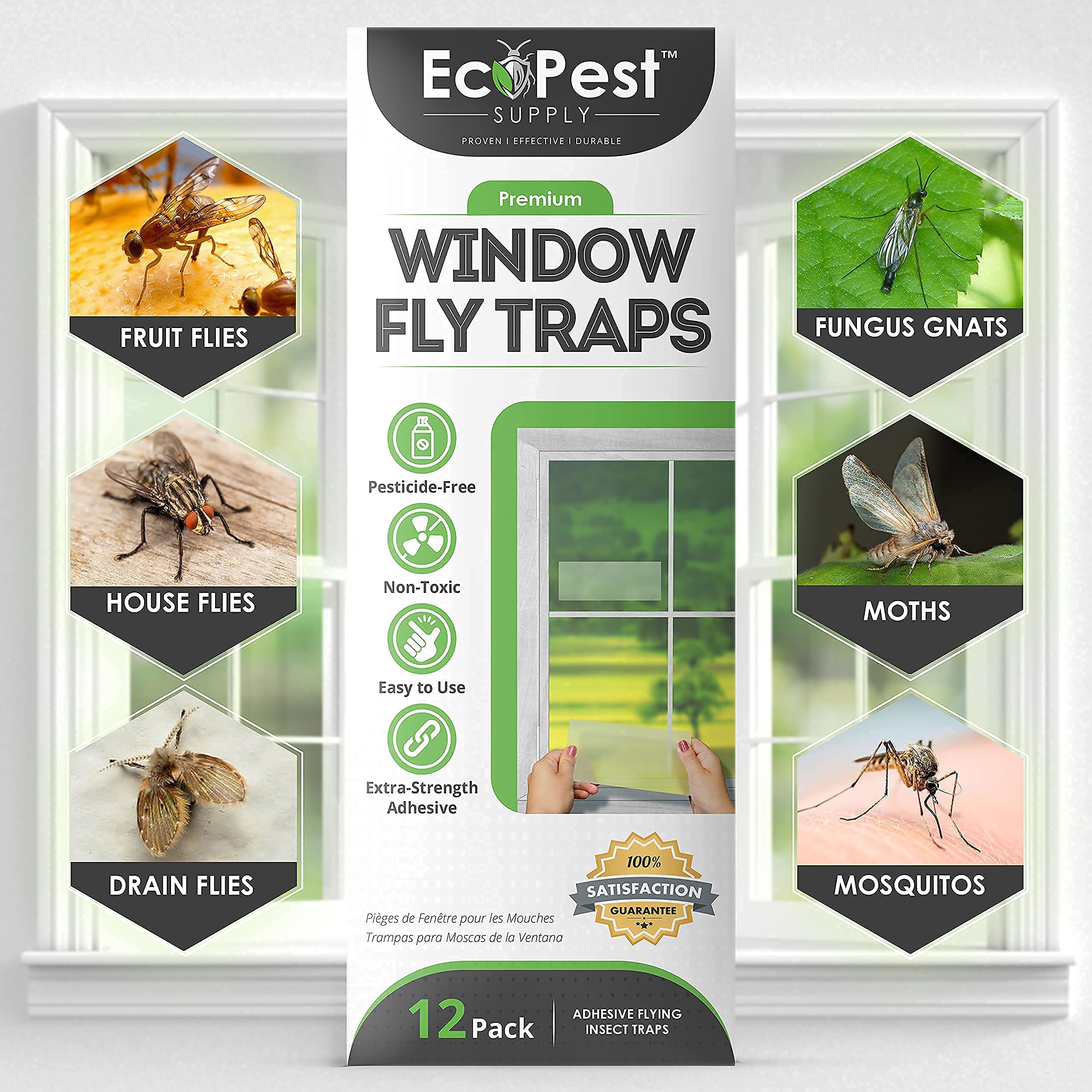 Window Fly Traps – 12 Pack | Transparent Sticky Fly Trap for Windows | Discrete, Extra Large Insect Glue Trap and Indoor Bug Catcher for House Flies and Other Flying Insects