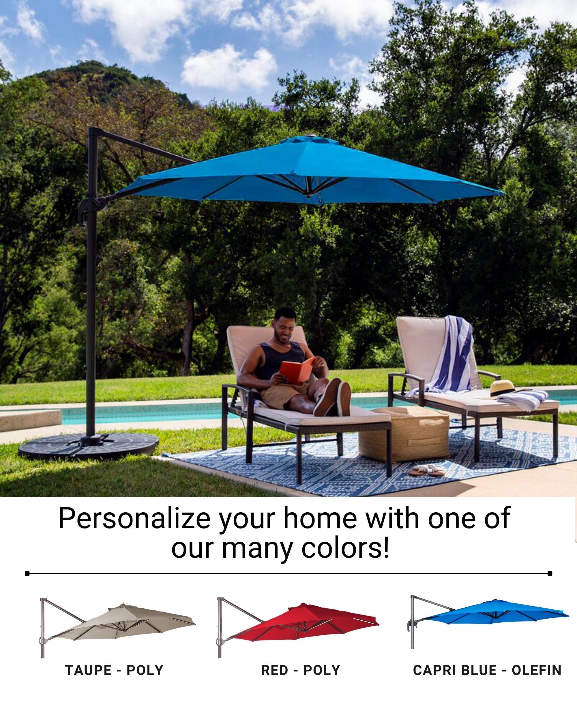 Formosa Covers Replacement Umbrella Canopy for 11ft 8 Rib Supported Bar Cantilever Market Outdoor Patio in Capri Blue Rib Length 64" to 66" Premium Vibrant Olefin Fabric (Canopy Only) (11ft 8 ribs)