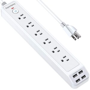 power strip, superdanny 6 outlets 4 usb ports surge protector, wall mountable, 5ft extension cord with hook & loop fastener, charging station for iphone ipad pc home office dorm travel, white