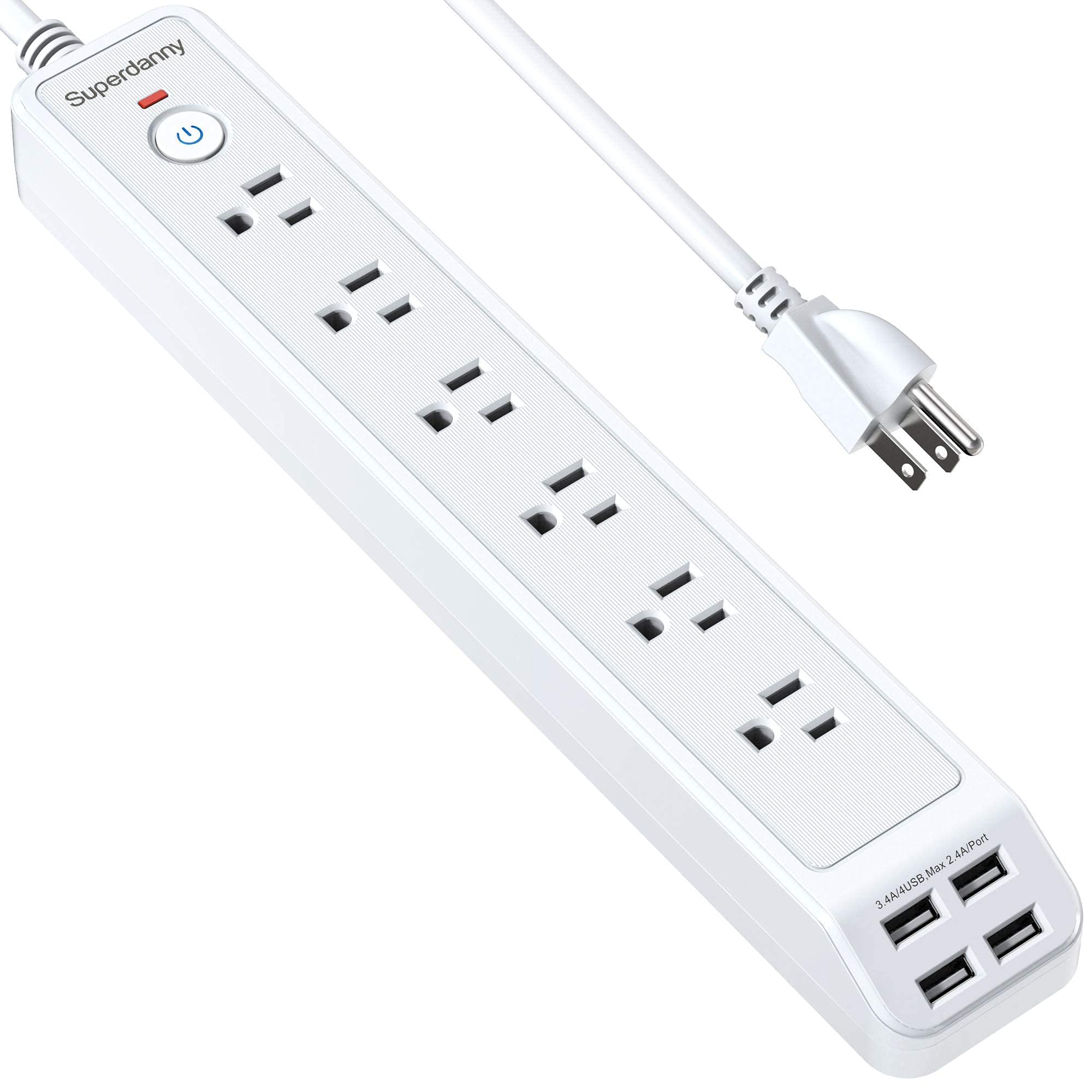 Power Strip, SUPERDANNY 6 Outlets 4 USB Ports Surge Protector, Wall Mountable, 5ft Extension Cord with Hook & Loop Fastener, Charging Station for iPhone iPad PC Home Office Dorm Travel, White