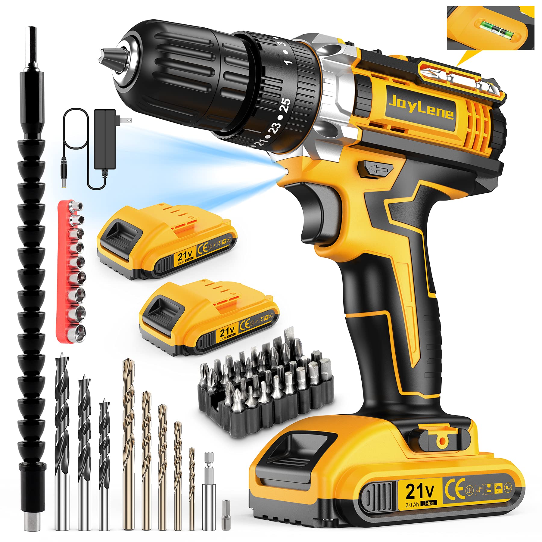 JayLene 21V Cordless Drill Set, Power Drill 59Pcs with 3/8 Inch Keyless Chuck, 25 3 Clutch Electric Drill with Work Light, Max torque 45Nm, 2-Variable Speed & 2 Batteries and Fast Charger