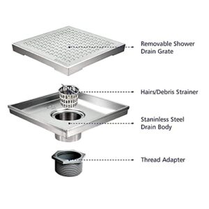 Bernkot Square Shower Drain 6", 304 Stainless Steel Floor Drain w/Hair Strainer, Grid Shower Drain w/CUPC Certified, Brushed