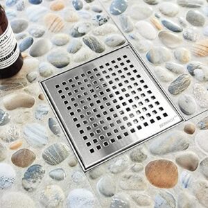 Bernkot Square Shower Drain 6", 304 Stainless Steel Floor Drain w/Hair Strainer, Grid Shower Drain w/CUPC Certified, Brushed