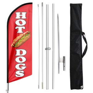 hot dogs swooper flag, hot dogs feather flags and pole, hot dog food restaurant advertising swooper flag pole kit with ground stake, advertising feather banner sign for hot dogs business 11ft (red)