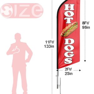 Hot Dogs Swooper Flag, Hot Dogs Feather Flags and Pole, Hot Dog Food Restaurant Advertising Swooper Flag Pole Kit with Ground Stake, Advertising Feather Banner Sign for Hot Dogs Business 11Ft (Red)