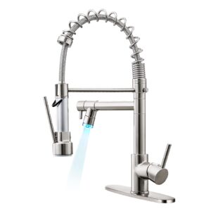 qomolangma commerical kitchen faucet with pull down sprayer, single handle kitchen sink faucet with led light 2 spout, with deck plate brushed nickel