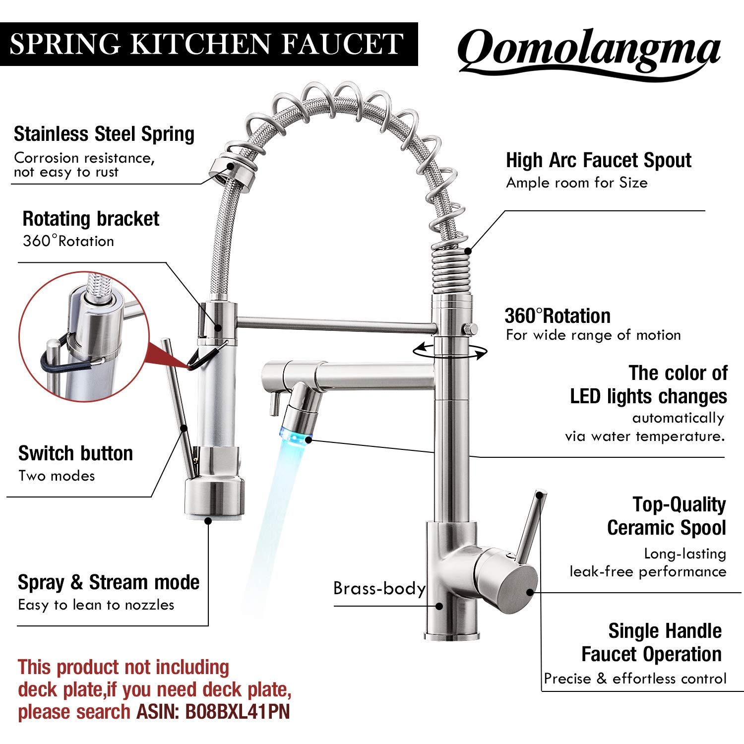 Qomolangma Commerical Kitchen Faucet with Pull Down Sprayer, Single Handle Kitchen Sink Faucet with LED Light 2 Spout, with Deck Plate Brushed Nickel