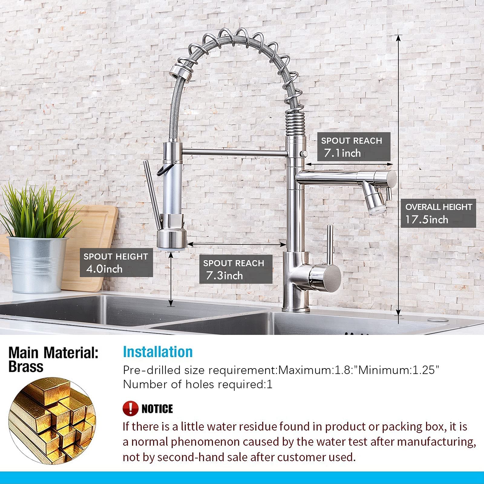 Qomolangma Commerical Kitchen Faucet with Pull Down Sprayer, Single Handle Kitchen Sink Faucet with LED Light 2 Spout, with Deck Plate Brushed Nickel