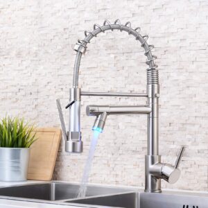 Qomolangma Commerical Kitchen Faucet with Pull Down Sprayer, Single Handle Kitchen Sink Faucet with LED Light 2 Spout, with Deck Plate Brushed Nickel