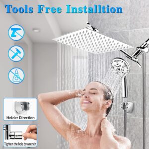 Shower Head, 8” High Pressure Rain/Rainfall Shower Head with Handheld Spray Combo 10 Settings Adjustable Anti-leak Dual Shower Head Kit with 60” Stainless Steel Hose, 11” Extension Shower Arm,Chrome