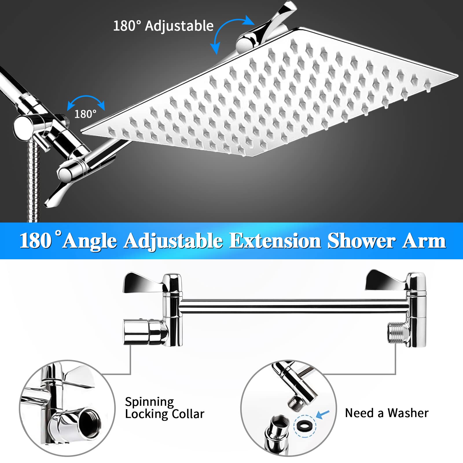 Shower Head, 8” High Pressure Rain/Rainfall Shower Head with Handheld Spray Combo 10 Settings Adjustable Anti-leak Dual Shower Head Kit with 60” Stainless Steel Hose, 11” Extension Shower Arm,Chrome