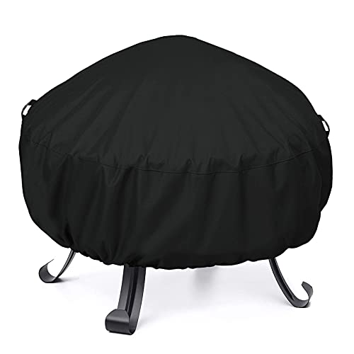 SunPatio Fire Pit Cover Round 44 inch, Heavy Duty Waterproof Fire Bowl Cover, Outdoor Patio Furniture Side Table Cover with Adjustable Drawstring and Handles, UV & Rip & Fade Resistant, Black