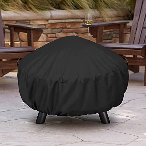 SunPatio Fire Pit Cover Round 44 inch, Heavy Duty Waterproof Fire Bowl Cover, Outdoor Patio Furniture Side Table Cover with Adjustable Drawstring and Handles, UV & Rip & Fade Resistant, Black