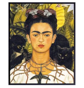 poster - 8x10 mexican art wall decor picture print for bedroom, living room, home, apartment - gift for women, woman artist - monkey, cat, hummingbird self-portrait painting - unframed