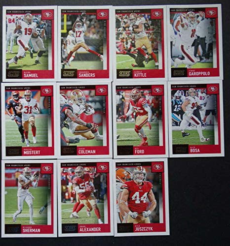 2020 Score Veteran San Francisco 49ers Team Set of 11 Cards: Deebo Samuel(#308), Emmanuel Sanders(#309), George Kittle(#310), Jimmy Garoppolo(#311), Raheem Mostert(#312), Tevin Coleman(#313), Dee Ford(#314), Nick Bosa(#315), Richard Sherman(#316), Kwon Al