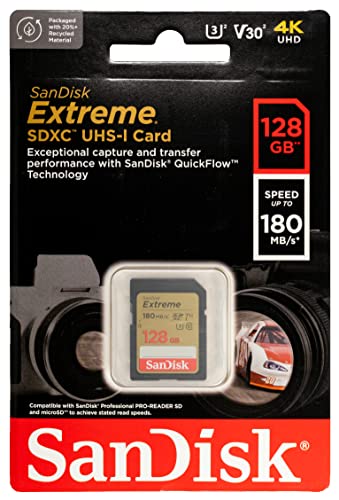 SanDisk Extreme 128GB SD Memory Card Works with Sony Alpha a7C, a6600, a6100, a6400 Mirrorless Camera (SDSDXVA-128G-GNCIN) U3 SDXC UHS-I Bundle with (1) Everything But Stromboli Micro & SD Card Reader