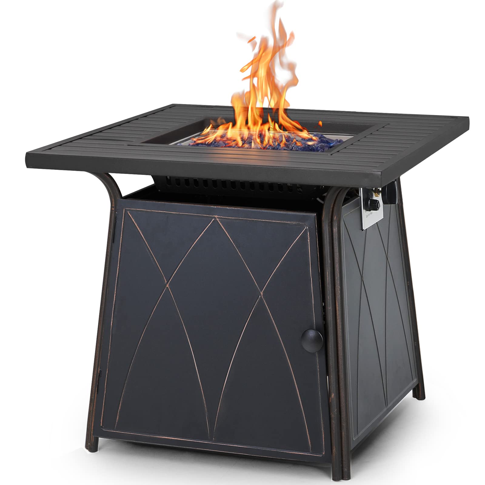 Sophia & William Gas Fire Pit Table 28 Inch 50,000BTU Square Outdoor Propane FirePits 2 in 1 Auto-Ignition Patio Fireplace for Outside with Lid and Blue Fire Glass, Black