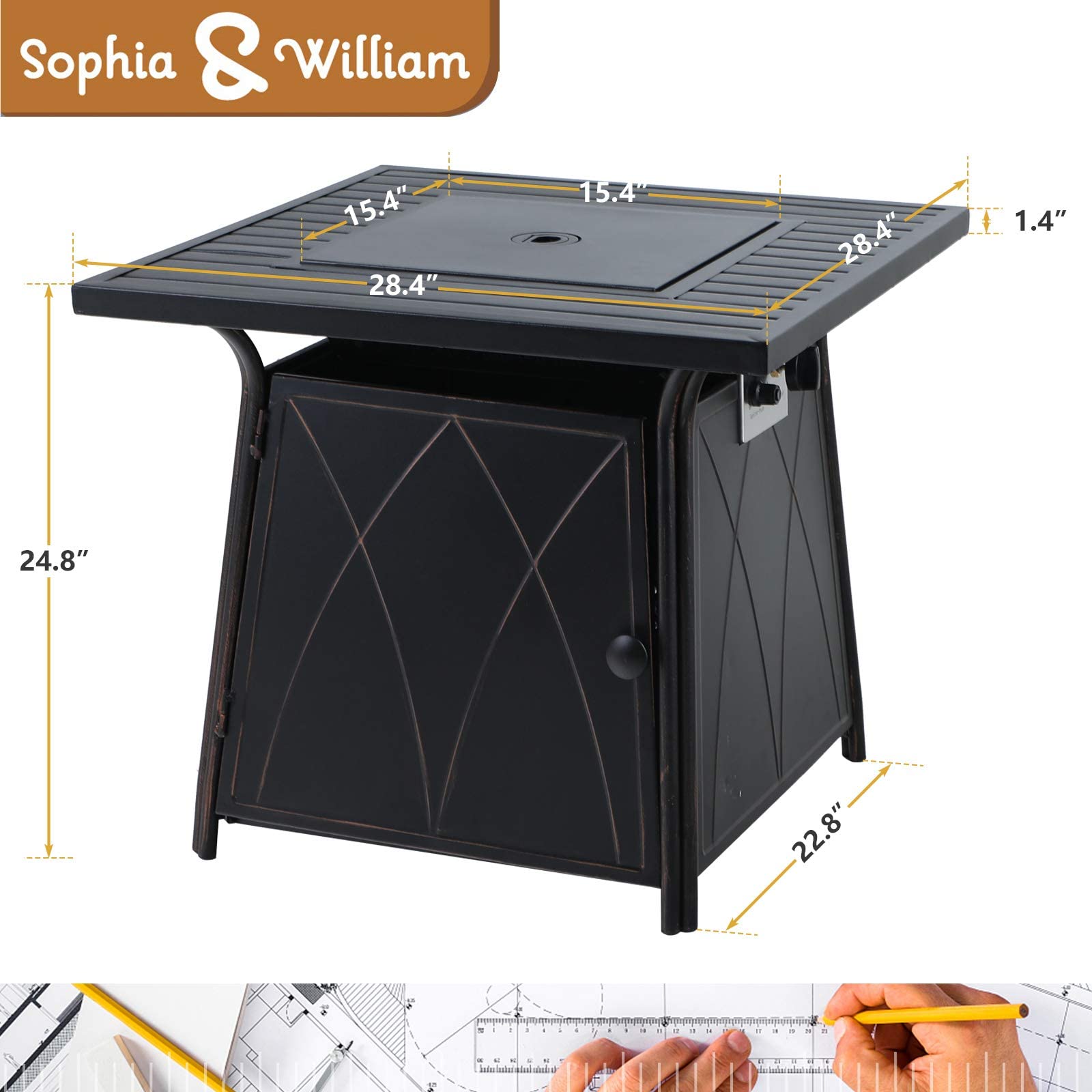 Sophia & William Gas Fire Pit Table 28 Inch 50,000BTU Square Outdoor Propane FirePits 2 in 1 Auto-Ignition Patio Fireplace for Outside with Lid and Blue Fire Glass, Black