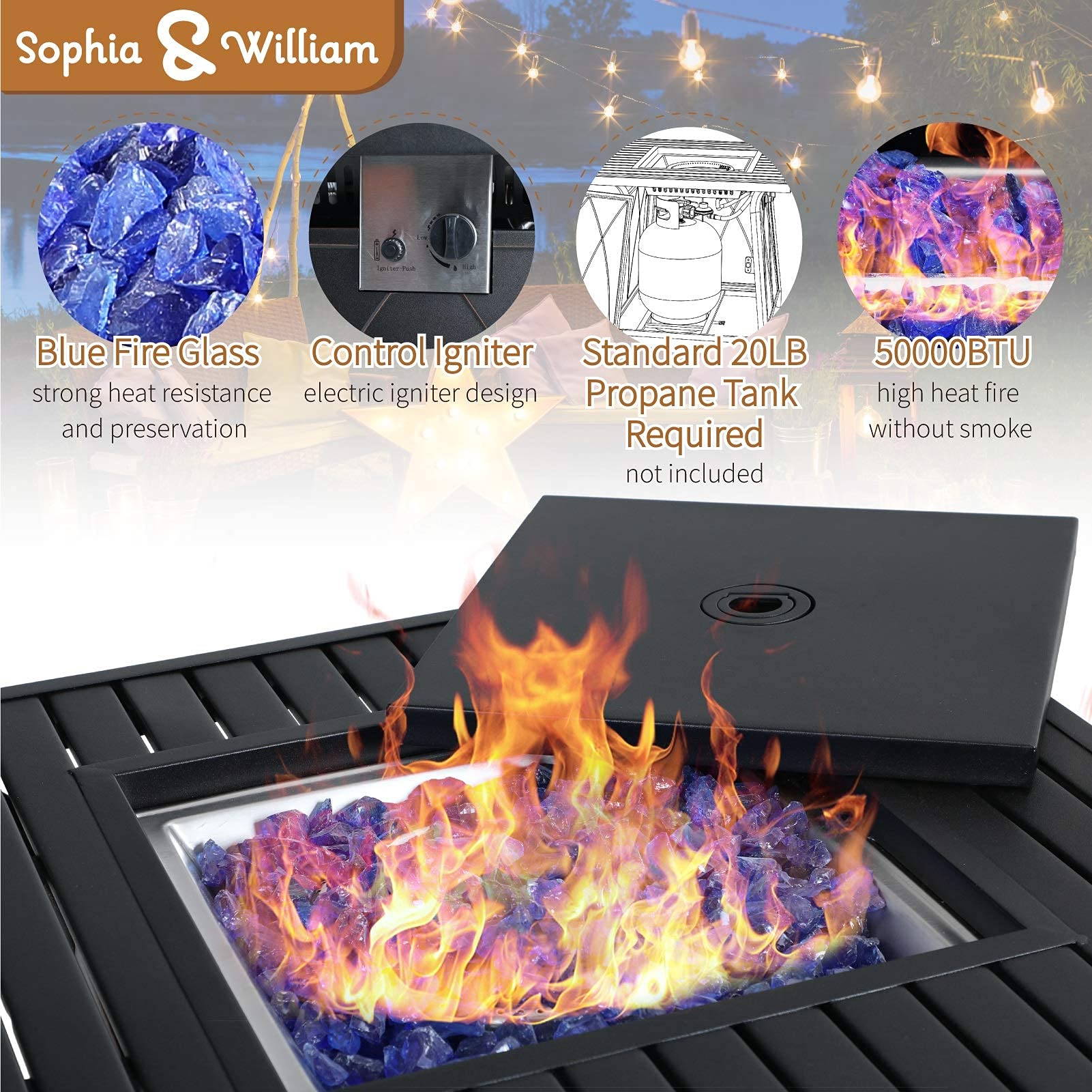 Sophia & William Gas Fire Pit Table 28 Inch 50,000BTU Square Outdoor Propane FirePits 2 in 1 Auto-Ignition Patio Fireplace for Outside with Lid and Blue Fire Glass, Black