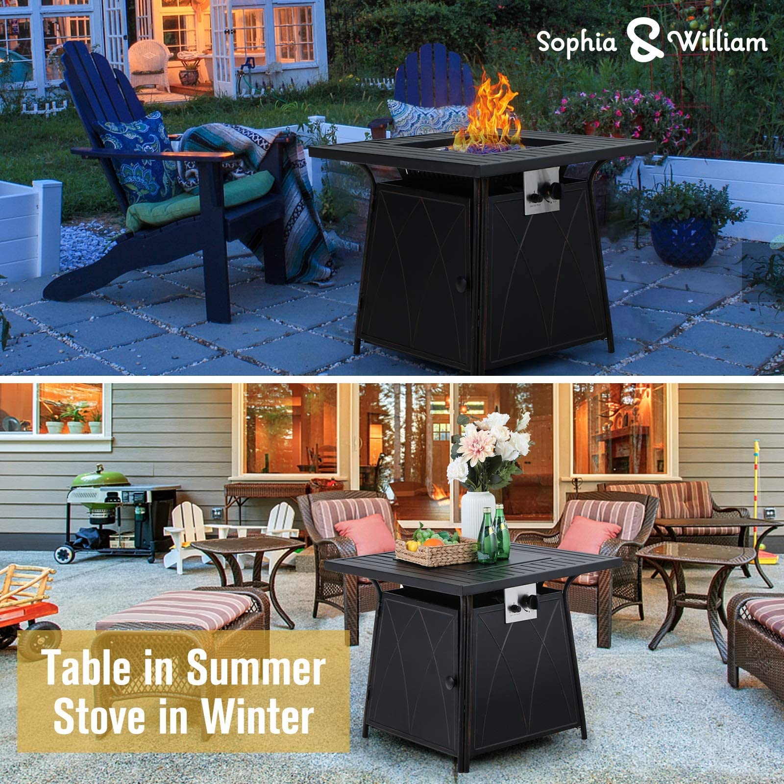 Sophia & William Gas Fire Pit Table 28 Inch 50,000BTU Square Outdoor Propane FirePits 2 in 1 Auto-Ignition Patio Fireplace for Outside with Lid and Blue Fire Glass, Black