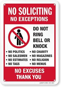 no soliciting sign, funny decor for house door office business yard,metal aluminum rust free, no excuses, no exceptions do not ring bell no knock sign - 7" x 9.8", pre-drilled holes, weather resistant