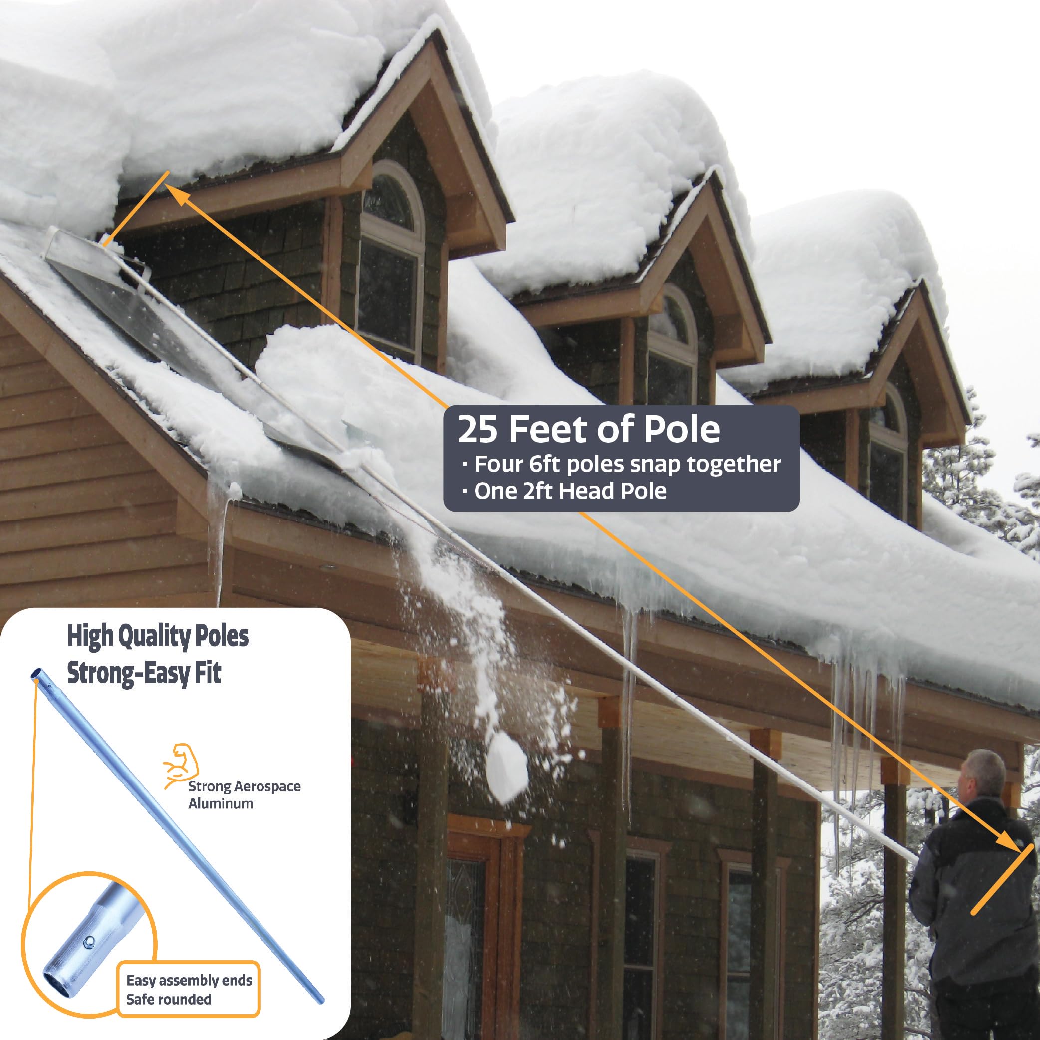 ROOF RAZOR Roof Rake | Heavy-duty-25ft of Pole | Fast-Easy | High Volume Roof Snow Removal | Safe on Roof Wheels | 10ft Rugged Slide | MinnSNOWta Snow Rake | Roof Shovel | US Customer Support-USA Made