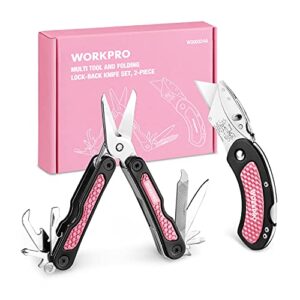 workpro pink utility knife & multi tool set, folding box cutter, quick change blade, 8 in 1 multi function scissor- portable pocket tools for outdoors, camping, fishing, hiking - pink ribbon