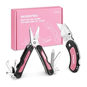 WORKPRO Pink Utility Knife & Multi Tool Set, Folding Box Cutter, Quick Change Blade, 8 in 1 Multi Function Scissor- Portable Pocket Tools for Outdoors, Camping, Fishing, Hiking - Pink Ribbon