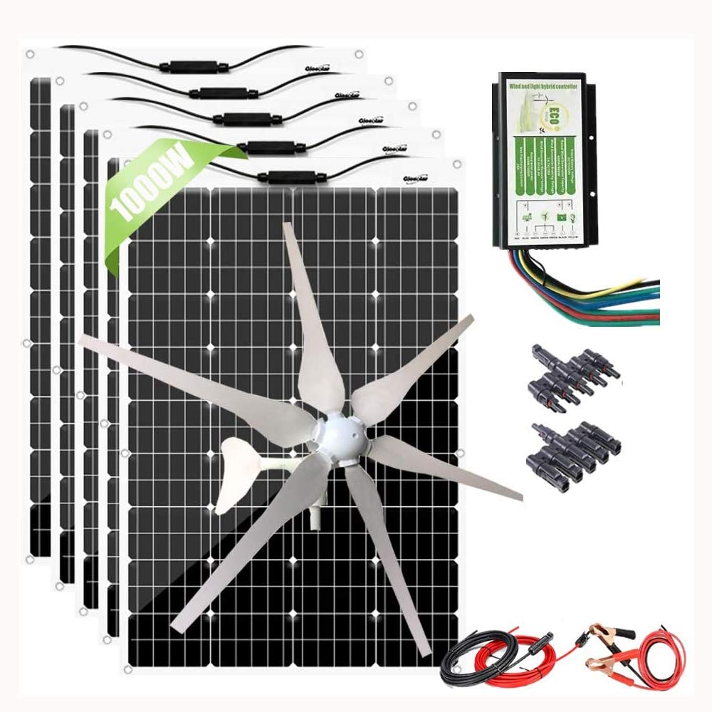 600W Flexible Solar Panel + 400W Wind Turbine Generator + Hybrid Charge Controller,1000 Watts 12V Wind Solar Kit for Home Off Grid System