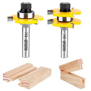 kowood tongue and groove set of 2 pieces 1/2 inch shank router bit set 3 teeth adjustable t shape wood milling cutter