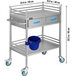 VEVOR Lab Serving Cart Utility Cart Stainless Steel Medical Cart with Two Drawers for lab Equipment Use Grade I Stainless Steel Utility Services (2 Shelves/ 2 Drawer)