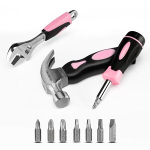 workpro 10-piece pink tool kit, household tools set with screwdriver bits holder set, adjustable wrench and stubby claw hammer-pink ribbon