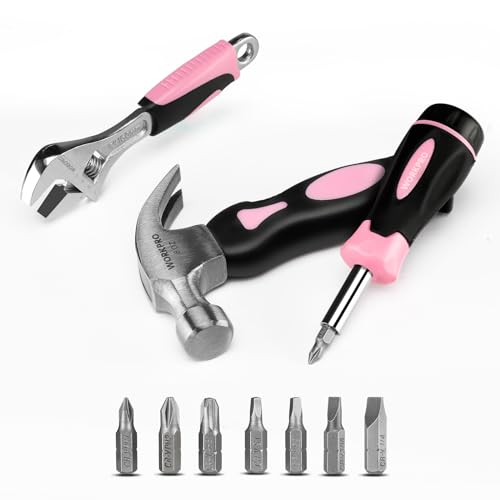 WORKPRO 10-piece Pink Tool Kit, Household Tools Set with Screwdriver Bits Holder Set, Adjustable Wrench and Stubby Claw Hammer-Pink Ribbon